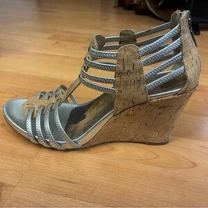 Stylish Cork and Silver Wedge Sandals